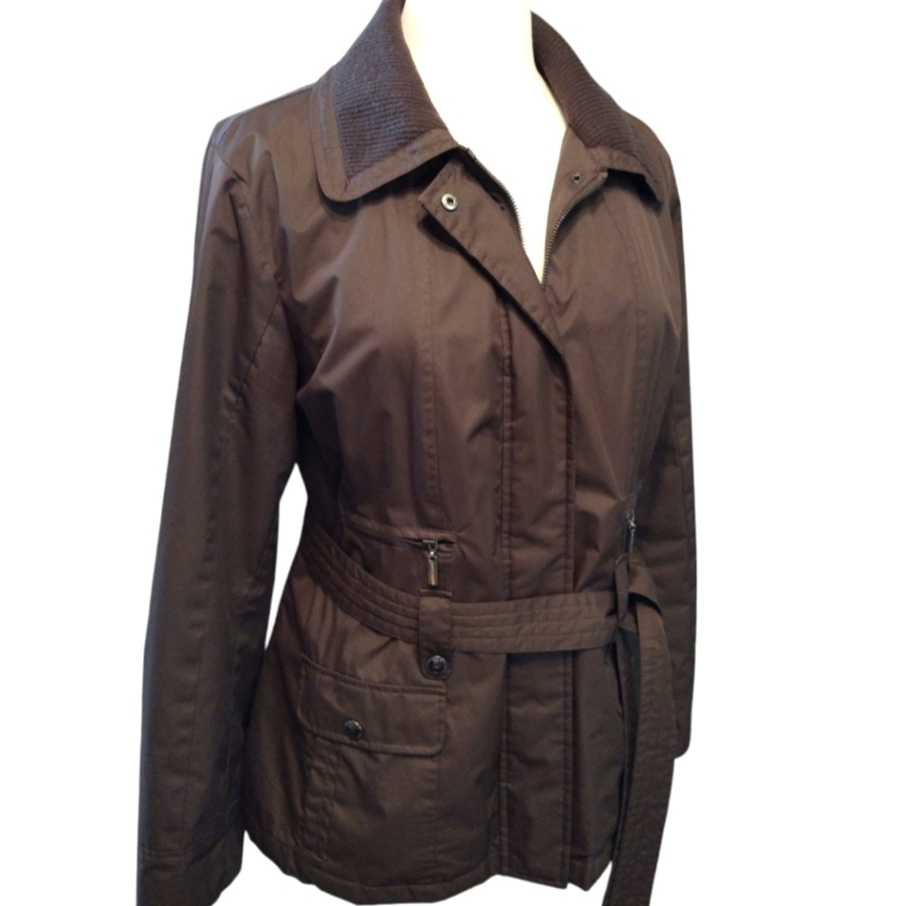Weather Tamer Womens Belted Winter Water Resistant Zip-Up Utility Jacket Brown L